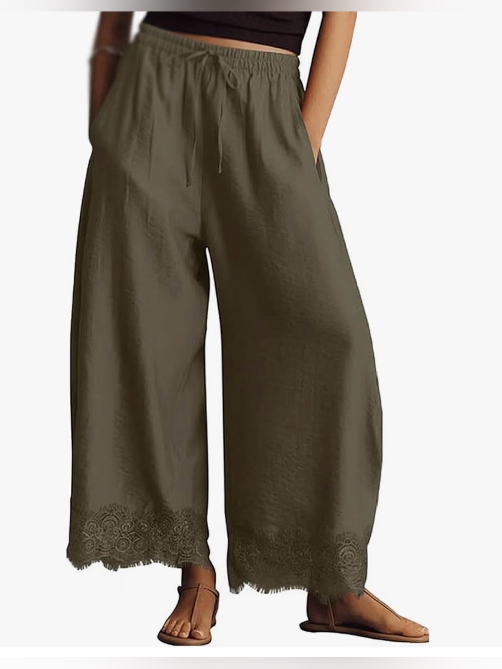 Women’s Wide Leg Lace-Hem Flowy Pants in Army Green -SZ XL NWOT